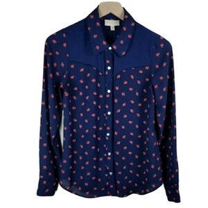 Modcloth Navy Button Down Pink Flower Blouse